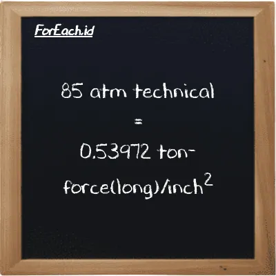 How to convert atm technical to ton-force(long)/inch<sup>2</sup>: 85 atm technical (at) is equivalent to 85 times 0.0063497 ton-force(long)/inch<sup>2</sup> (LT f/in<sup>2</sup>)